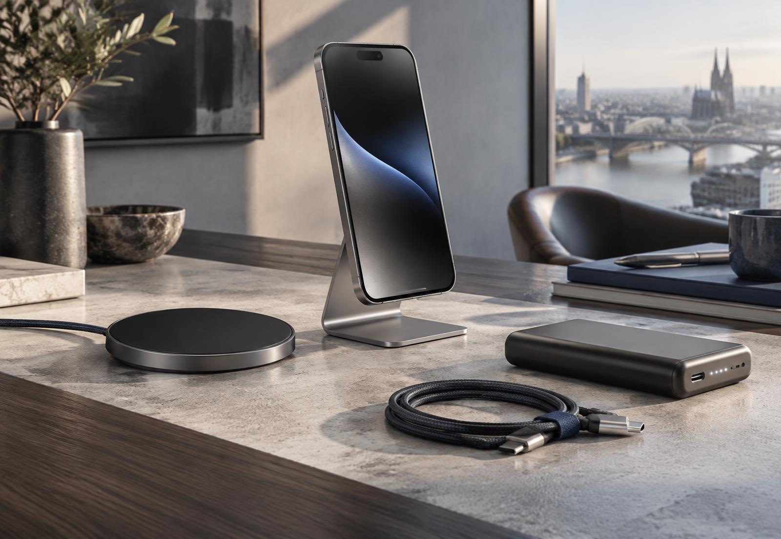 A refined phone stand and charging cable in a modern workspace